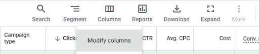 Modify columns menu in Google Ads