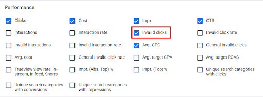 Invalid clicks column search in Google Ads
